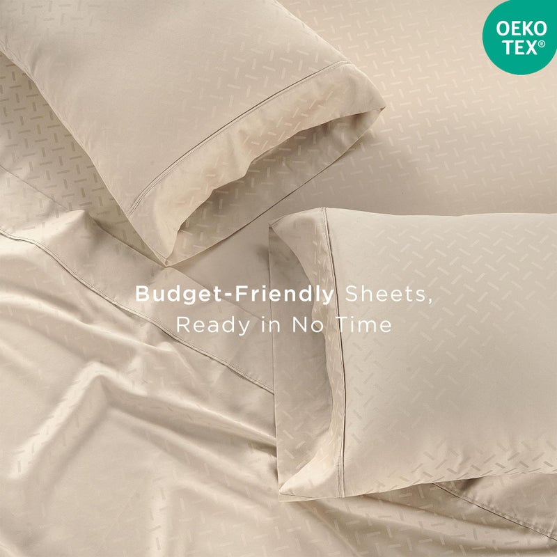 Threadmill Cotton Full Size Sheet Set | 100% Cotton Sheets for Full Size Bed | Damask Jacquard Full Bed Sheets Set with 16â€ Deep Pocket | Soft Sateen Weave 4-Piece Cooling Bedding Set | Beige - Image 4